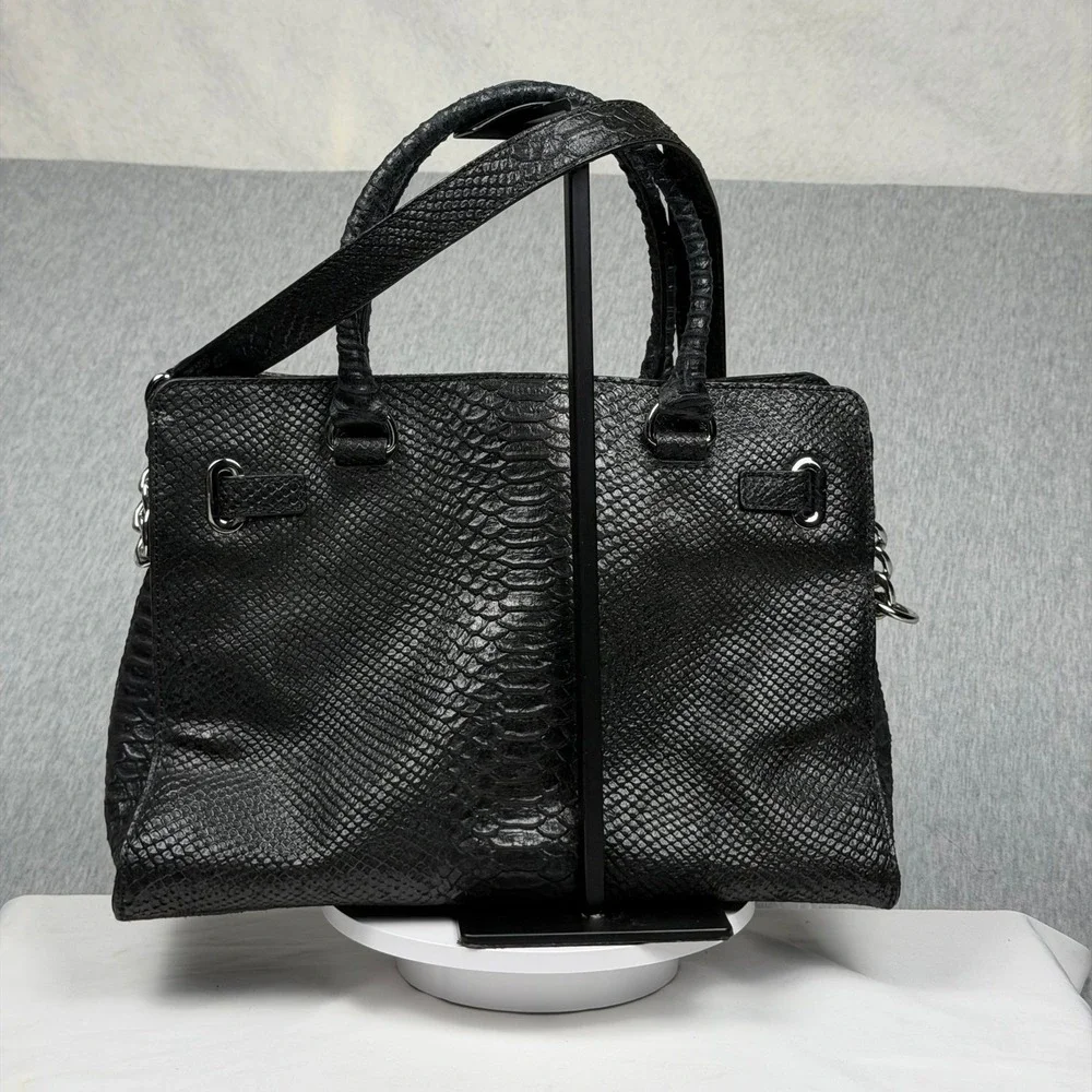 Michael Kors Hamilton Black Snakeskin Embossed Leather Satchel Handbag Silver HW